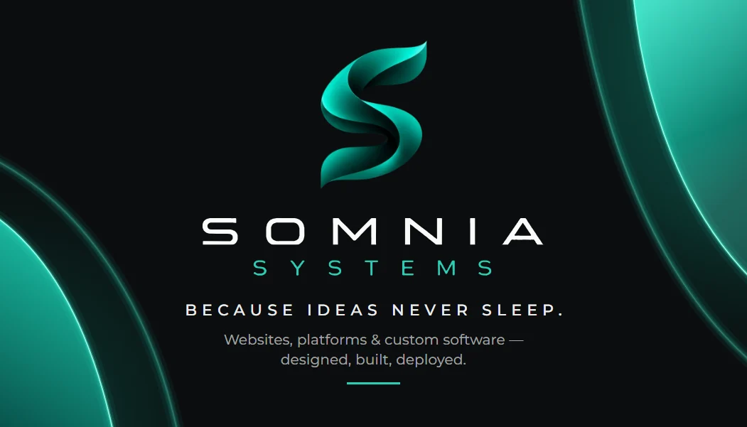 The logo side of the Somnia Systems business card: the S ribbon mark, SOMNIA SYSTEMS and the tagline Because ideas never sleep.