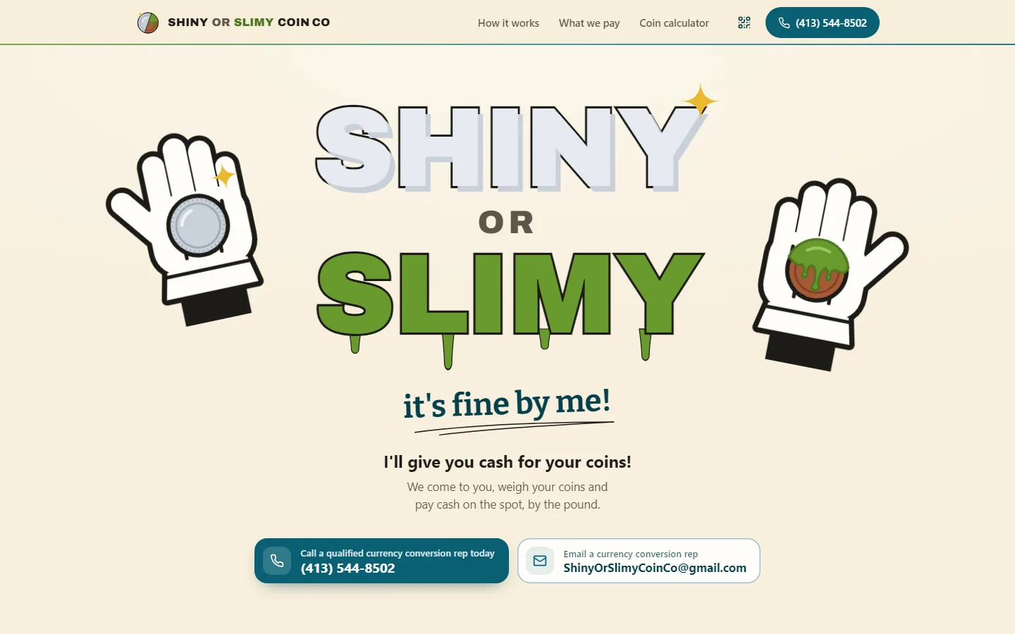 The Shiny or Slimy Coin Co homepage, running on the platform